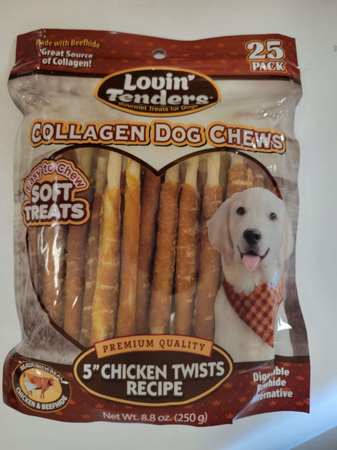 Lovin Tenders Collagen Dog Chews 5" Chicken TWISTS Recipe 25-Pack