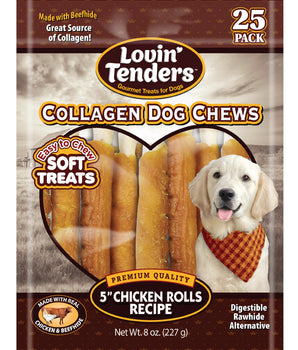 Lovin Tenders Collagen Dog Chews 5" Chicken Rolls Recipe 25-Pack