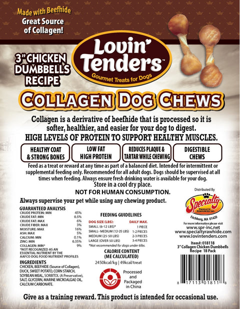 Lovin Tenders Collagen Dog Chews 3" Chicken Dumbbells Recipe 18-Pack