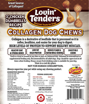Lovin Tenders Collagen Dog Chews 3" Chicken Dumbbells Recipe 18-Pack