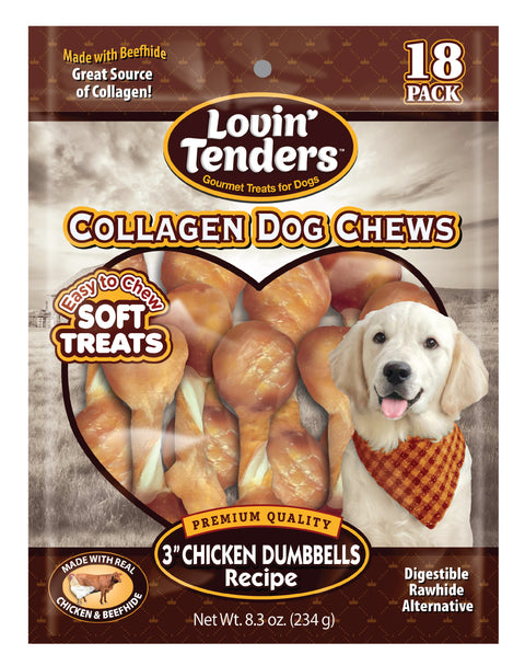 Lovin Tenders Collagen Dog Chews 3" Chicken Dumbbells Recipe 18-Pack