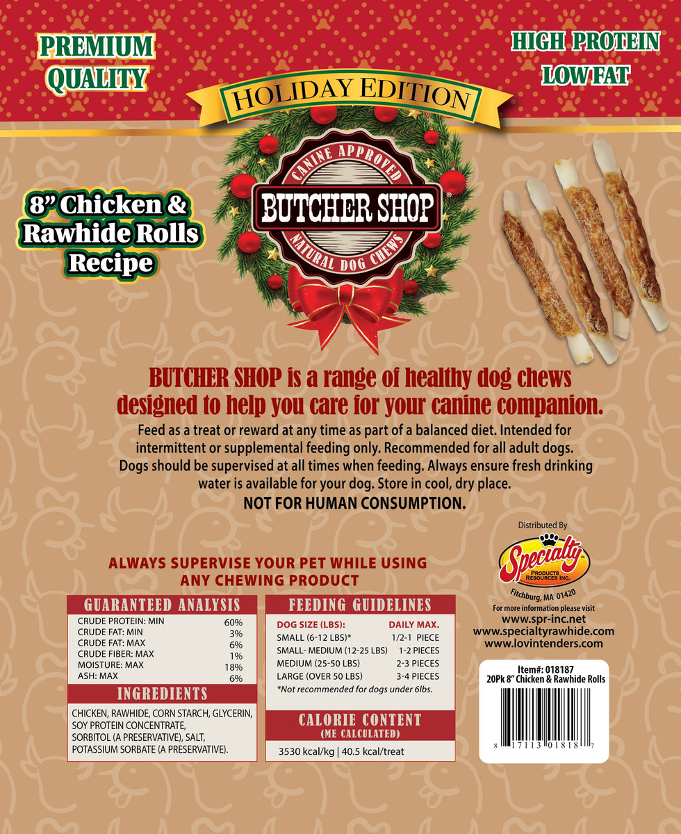 Holiday Butcher Shop 8” Chicken & Rawhide Rolls, 20Pk LovinTendersTreats