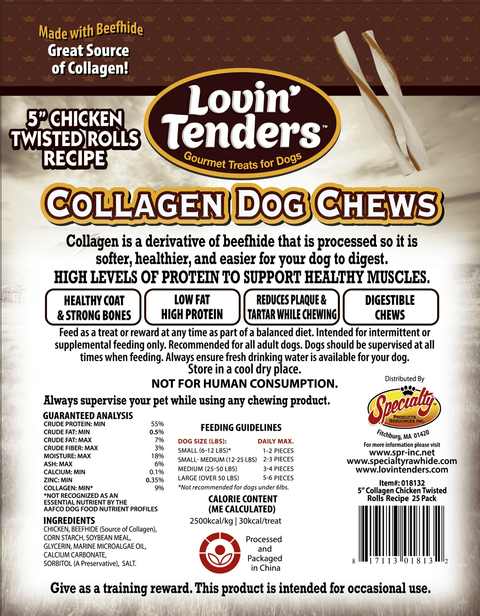 Lovin Tenders Collagen Dog Chews 5" Chicken Twisted ROLLS Recipe 25-Pack