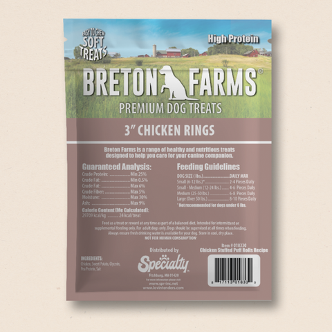 Breton Farms premium dog treats packaging on a beige background