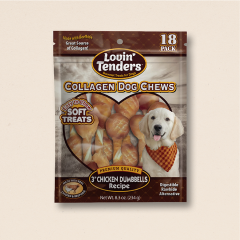 Lovin Tenders Collagen Dog Chews 3" Chicken Dumbbells Recipe 18-Pack