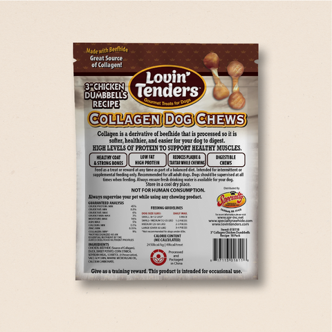 Lovin Tenders Collagen Dog Chews 3" Chicken Dumbbells Recipe 18-Pack