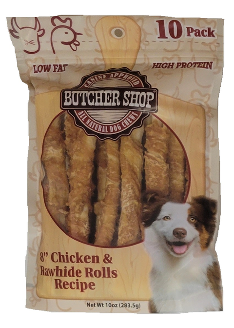 Butcher Shop 8” Chicken & Rawhide Rolls, 10-Pk