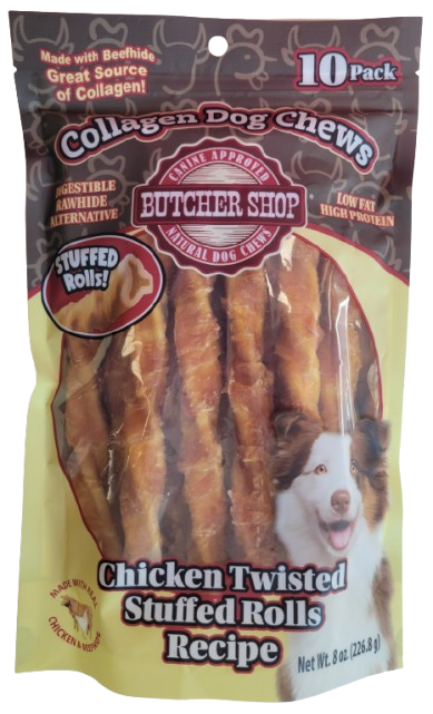 Collagen 8" Chicken STUFFED & Wrapped Twisted Rolls 10-Pk