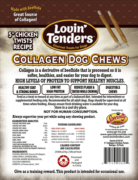 Lovin Tenders Collagen Dog Chews 5" Chicken TWISTS Recipe 25-Pack