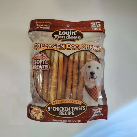 Lovin Tenders Collagen Dog Chews 5" Chicken TWISTS Recipe 25-Pack