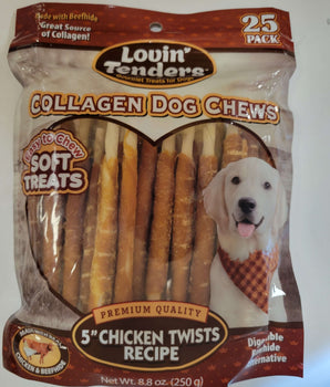 Lovin Tenders Collagen Dog Chews 5" Chicken TWISTS Recipe 25-Pack