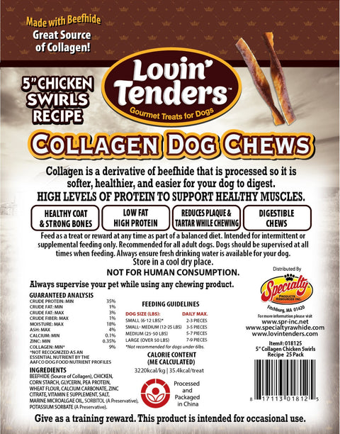 Lovin Tenders Collagen Dog Chews 5" Chicken Basted Twisted ROLLS Recipe 25-Pack