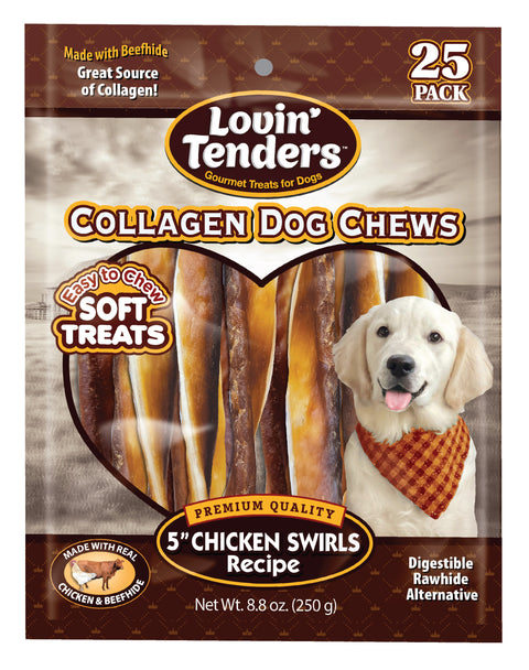 Lovin Tenders Collagen Dog Chews 5" Chicken Basted Twisted ROLLS Recipe 25-Pack