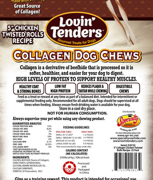 Lovin Tenders Collagen Dog Chews 5" Chicken Twist Sticks Recipe 25-Pack