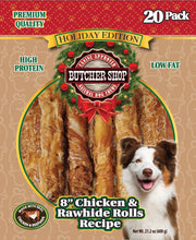 Load image into Gallery viewer, Holiday Butcher Shop 8” Chicken &amp; Rawhide Rolls, 20-Pk
