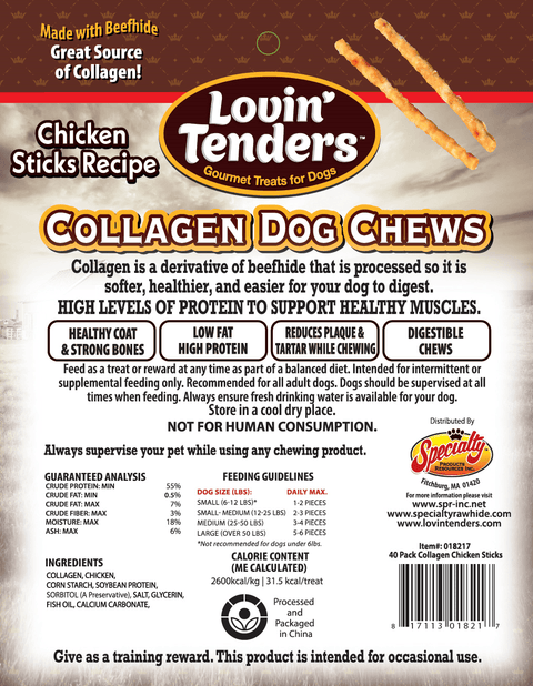 Lovin Tenders Collagen Dog Chews – 5" High-Protein Crunchy Sticks, 40-Pack (10oz)
