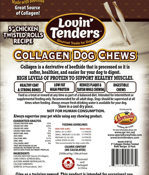 Lovin Tenders Collagen Dog Chews 5" Chicken Twisted ROLLS Recipe 25-Pack