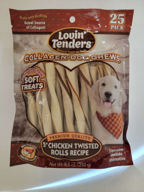 Lovin Tenders Collagen Dog Chews 5" Chicken Twisted ROLLS Recipe 25-Pack