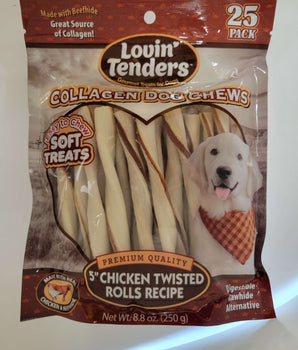 Lovin Tenders Collagen Dog Chews 5" Chicken Twisted ROLLS Recipe 25-Pack