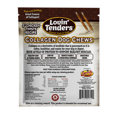 Back of a Lovin Tenders Collagen Dog Chews bag showing product information, ingredients, and a 5" chicken twists recipe, with two dog chews visible at the top right on a white background.