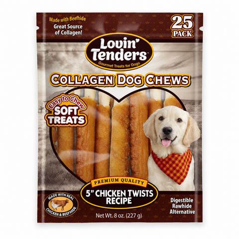 A 25-pack bag of Lovin' Tenders Collagen Dog Chews in the Chicken Twists recipe. The packaging features a brown and gold design with a heart-shaped cutout showing several golden-brown dog chews, a yellow Labrador retriever wearing a red checkered bandana, and text highlighting 'Soft Treats' and 'Easy to Chew'.