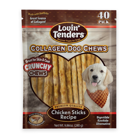 Back of a Lovin Tenders Collagen Dog Chews bag showing product details, ingredients, feeding guidelines, and a barcode, with chicken stick graphics visible at the top and bottom.