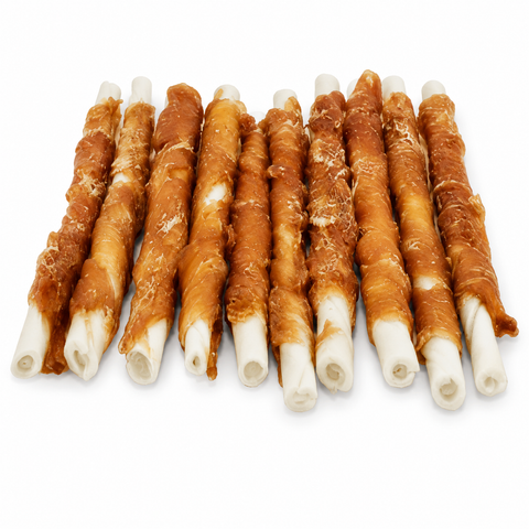 A group of dog chew treats, featuring spiral strips of brown cured meat wrapped around white bone-shaped centers, arranged in a neat row on a white background.