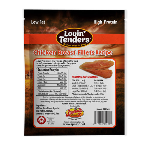 Back of a Louin' Tenders dog treat bag, Chicken Breast Fillets Recipe, showing nutrition facts, feeding guidelines, ingredients, and a barcode on a white background.