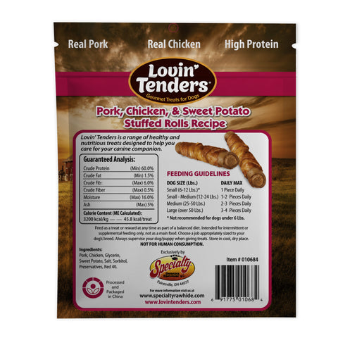 Back of a Lovin' Tenders Pork, Chicken, & Sweet Potato Stuffed Rolls Recipe bag, showing product details, feeding guidelines, ingredients, and a barcode on a white background.