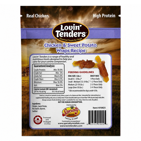 Back view of a Louin' Tenders Gourmet Treats for Dogs bag, Chicken & Sweet Potato Wraps Recipe, showing nutrition facts, feeding guidelines, ingredients, and a barcode on a brown and blue package.