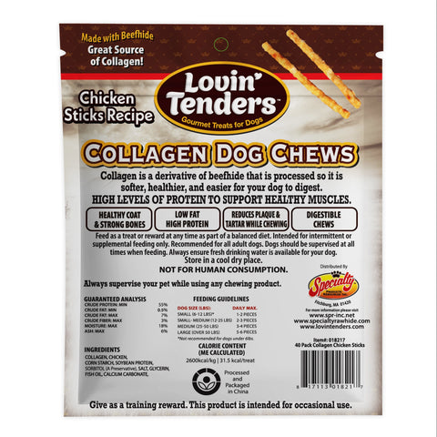 Back of a Lovin Tenders Collagen Dog Chews bag showing product details, ingredients, feeding guidelines, and a barcode, with chicken stick graphics visible at the top and bottom.