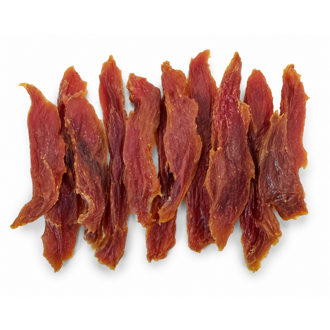 A row of thin, reddish-brown dried strips, likely jerky or beef jerky strips, arranged horizontally on a plain white background.