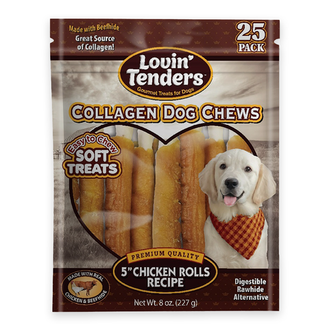 A 25-pack bag of Lovin' Tenders Collagen Dog Chews, 5" Chicken Rolls Recipe, in a brown and gold resealable pouch with a photo of a yellow Labrador on the front.