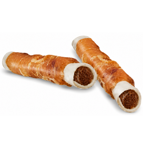 Two long, cylindrical baked treats with golden-brown pastry-like wrappers and white ends, showing a dark brown filling, photographed on a plain white background.