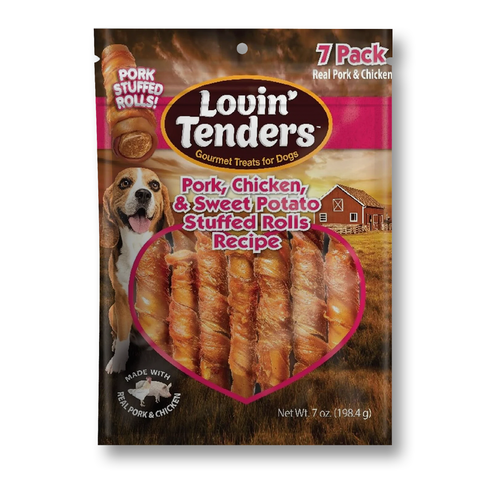 A 7-pack bag of Lovin' Tenders Gourmet Treats for Dogs, featuring a 7-pack count in the top right corner. The packaging displays a brown and pink design with a picture of a dog, a barn illustration, and a heart-shaped window showing the stuffed rolls.