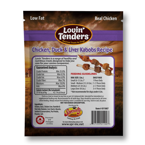 A bag of Lovin Tenders dog treats, Chicken, Duck & Liver Kabobs Recipe, showing the back panel with product details, feeding guidelines, ingredients, and a barcode on a white background.