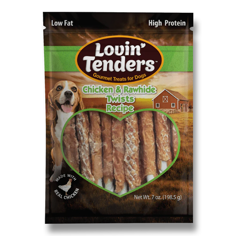 A 7 oz bag of Louin Tenders Chicken & Rawhide Twists Recipe dog treats, featuring a heart-shaped window showing the twisted treats inside, with a beagle and barn graphic on the packaging.