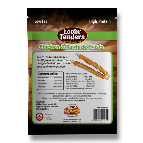 A bag of Louin' Tenders Chicken & Rawhide Twists dog treats, featuring a black and green package design with product details, feeding guidelines, and a barcode.