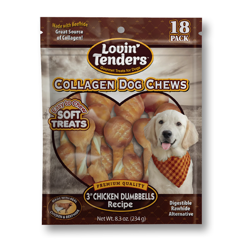 A package of Lovin' Tenders Collagen Dog Chews, 18-pack, featuring chicken dumbbells recipe. The packaging is brown and beige with a picture of a yellow Labrador on the front, showing the soft treats inside through a clear window.