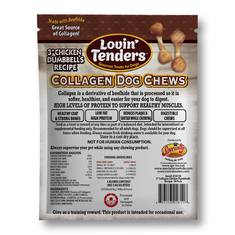A bag of Lovin' Tenders Collagen Dog Chews, 3-Chicken Dumbbell's Recipe, shown against a plain white background. The packaging is brown and white with orange and yellow branding, and features an image of beef bones on the front.
