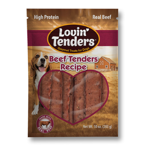 A package of Lovin' Tenders Beef-Tenders Recipe dog treats, featuring a brown and maroon bag with a picture of a basset hound and a heart-shaped clear window showing the reddish-brown treats inside.