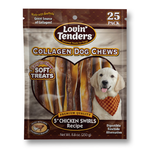 A 25-pack bag of Lovin' Tenders Collagen Dog Chews, 5-inch chicken swirls recipe. The packaging is brown and beige with a clear window showing the dog treats inside, and features a yellow Labrador retriever wearing an orange bandana.