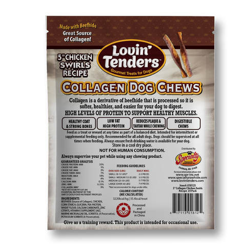Back of a Lovin' Tenders Collagen Dog Chews bag, showing product information, ingredients, feeding guidelines, and a barcode on a white background.