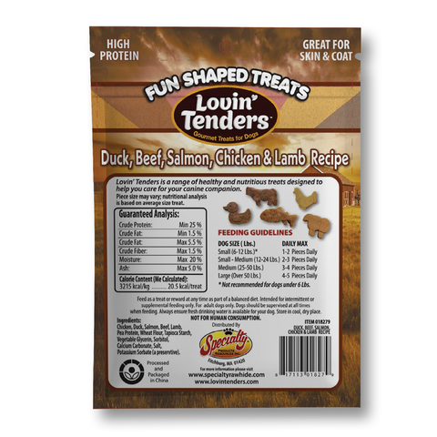 A bag of Lovin' Tenders dog treats, Duck, Beef, Salmon, Chicken & Lamb Recipe, shown against a plain white background. The packaging features a brown and beige design with a clear window displaying the brown, irregularly shaped treats inside.