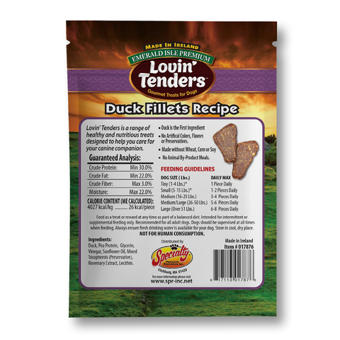 Back of a Louvin Tenders dog treat pouch, Duck Fillets Recipe, showing product information, feeding guidelines, ingredients, and a barcode on a white background.