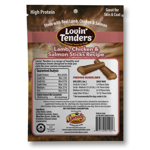Back of a Lovin Tenders Lamb, Chicken and Salmon Sticks Recipe dog treat bag, showing product claims, guaranteed analysis, feeding guidelines, ingredients, and a barcode on a brown and pink package.