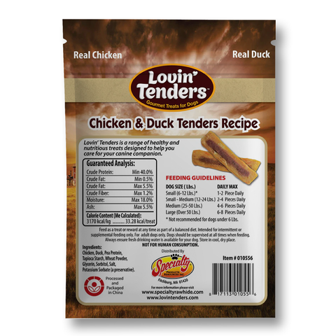 Back of a Lovin' Tenders Chicken & Duck Tenders Recipe bag, showing product details, feeding guidelines, ingredients, and a barcode on a white background.
