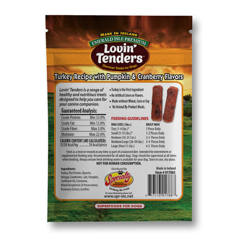Back of a Lovin Tenders dog treat pouch, showing product details, feeding guidelines, ingredients, and a barcode on a brown and green package design.