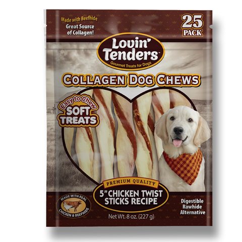 A package of Lovin Tenders Collagen Dog Chews, 25-pack, featuring chicken twist stick recipe dog treats. The packaging is brown and features a photo of a yellow Labrador retriever wearing an orange bandana.