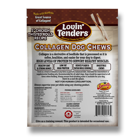 Back view of a Lovin' Tenders Collagen Dog Chews bag, showing product information, ingredients, and a small photo of dog twigs on a white background.